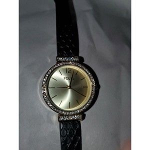 Folio Women's Gold Tone & Black Strap 3 Hand Glitz Watch